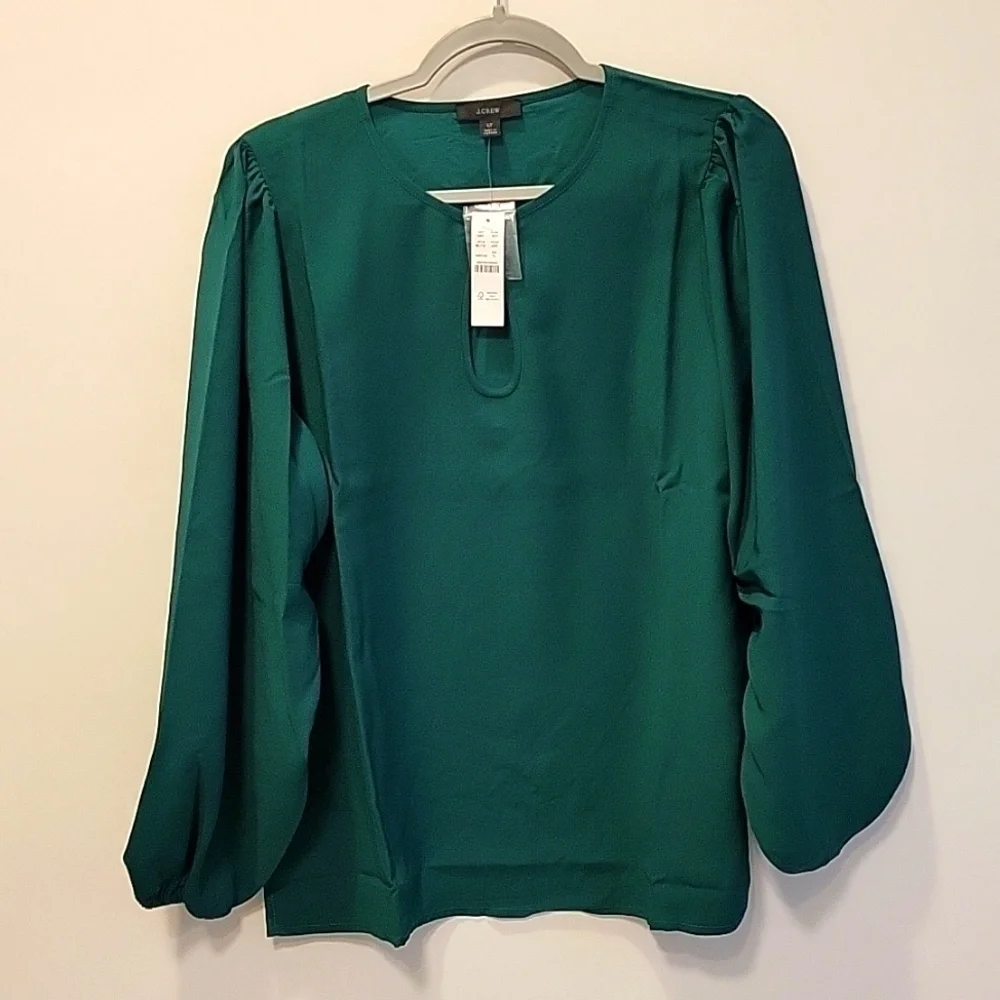 J.Crew Blouse Longsleeve Keyhole Front Puff Sleeve Crepe Green Large Tall NWT